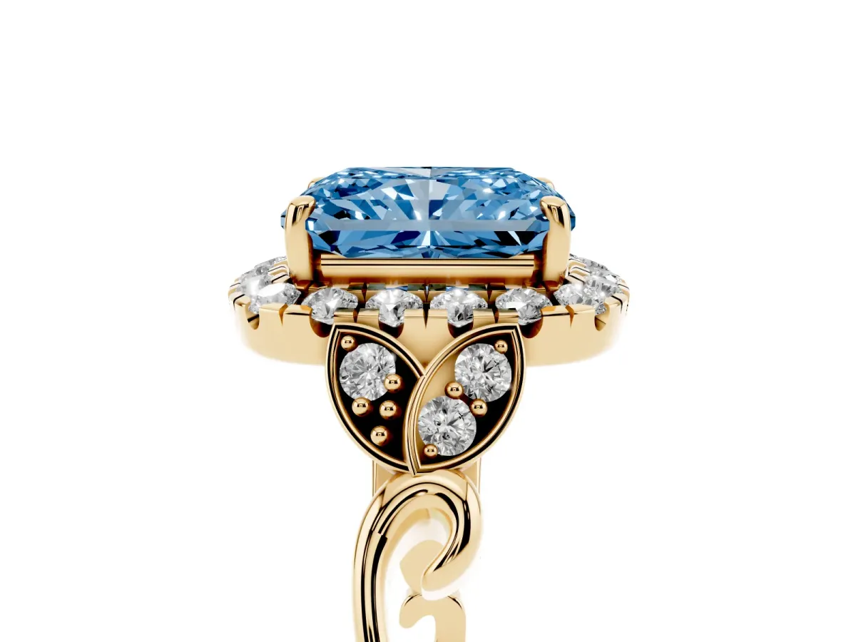 Fancy Blue Radiant Cut Halo Diamond Engagement Ring with Vintage-Inspired Band and Four-Prong Setting Yellow gold