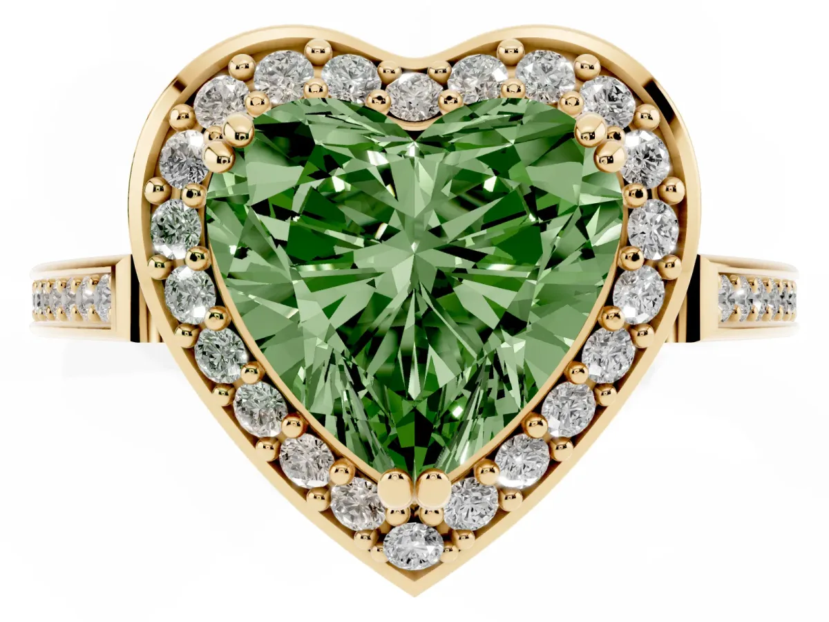 Fancy Green Heart Cut Diamond Halo Ring with Split Shank and Four-Prong Setting Yellow gold