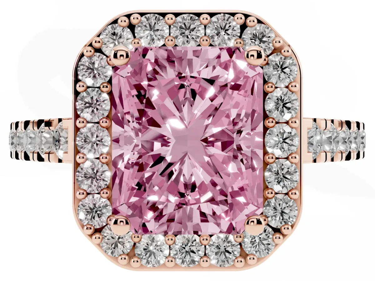 Fancy Pink Radiant Cut Diamond Halo Ring with Round Pavé Split Shank and Prong Setting Rose gold