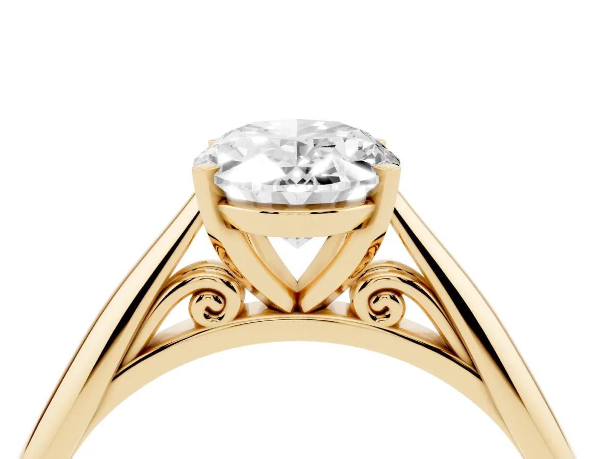 Oval Cut Diamond Solitaire Engagement Ring with Cathedral Setting and Four-Prong Mount Yellow gold