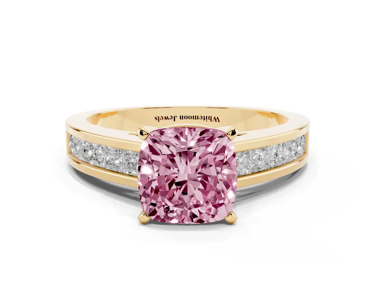 Fancy Pink Cushion Cut Solitaire Diamond Ring with Channel-Set Band and Four-Prong Setting Yellow gold