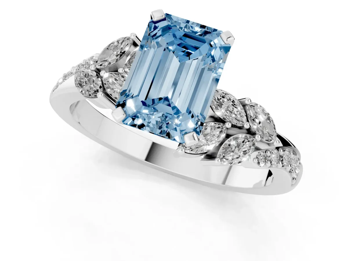 Fancy Blue Emerald Cut Solitaire Marquise Twist Band with Six-Prong Setting Silver