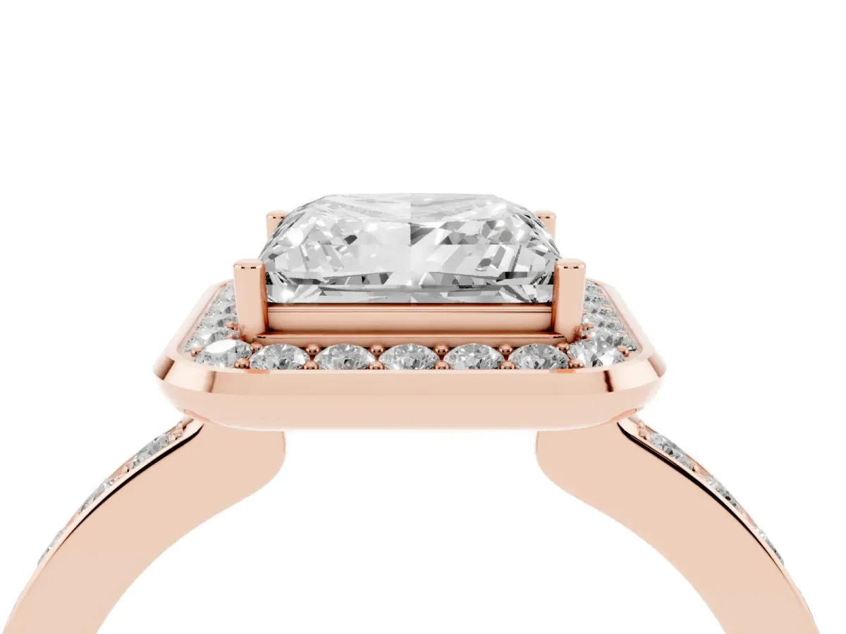 Princess Cut Diamond Halo Ring with Bezel Frame and Pavé Band Rose gold
