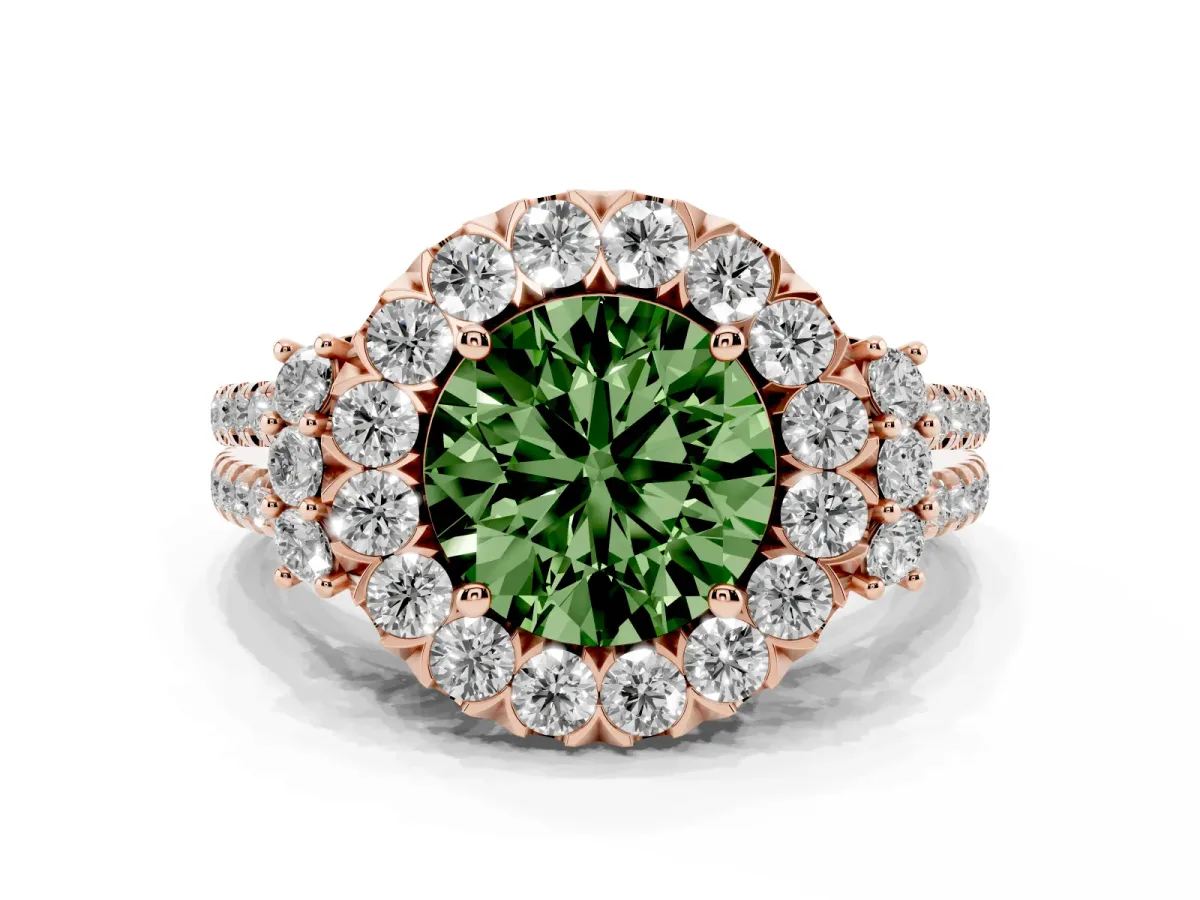 Fancy Green Round Cut Cut Double Halo Diamond Engagement Ring with Pave Band and Four-Prong Setting Rose gold