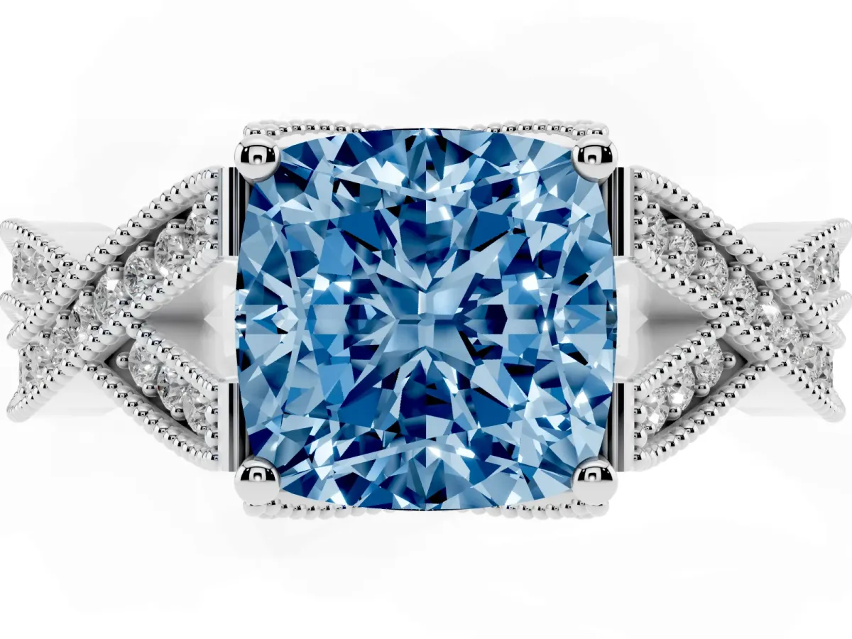 Fancy Blue Cushion Cut Cut Diamond Twisted Band with Milgrain Pave Setting and Four-Prong Setting Silver
