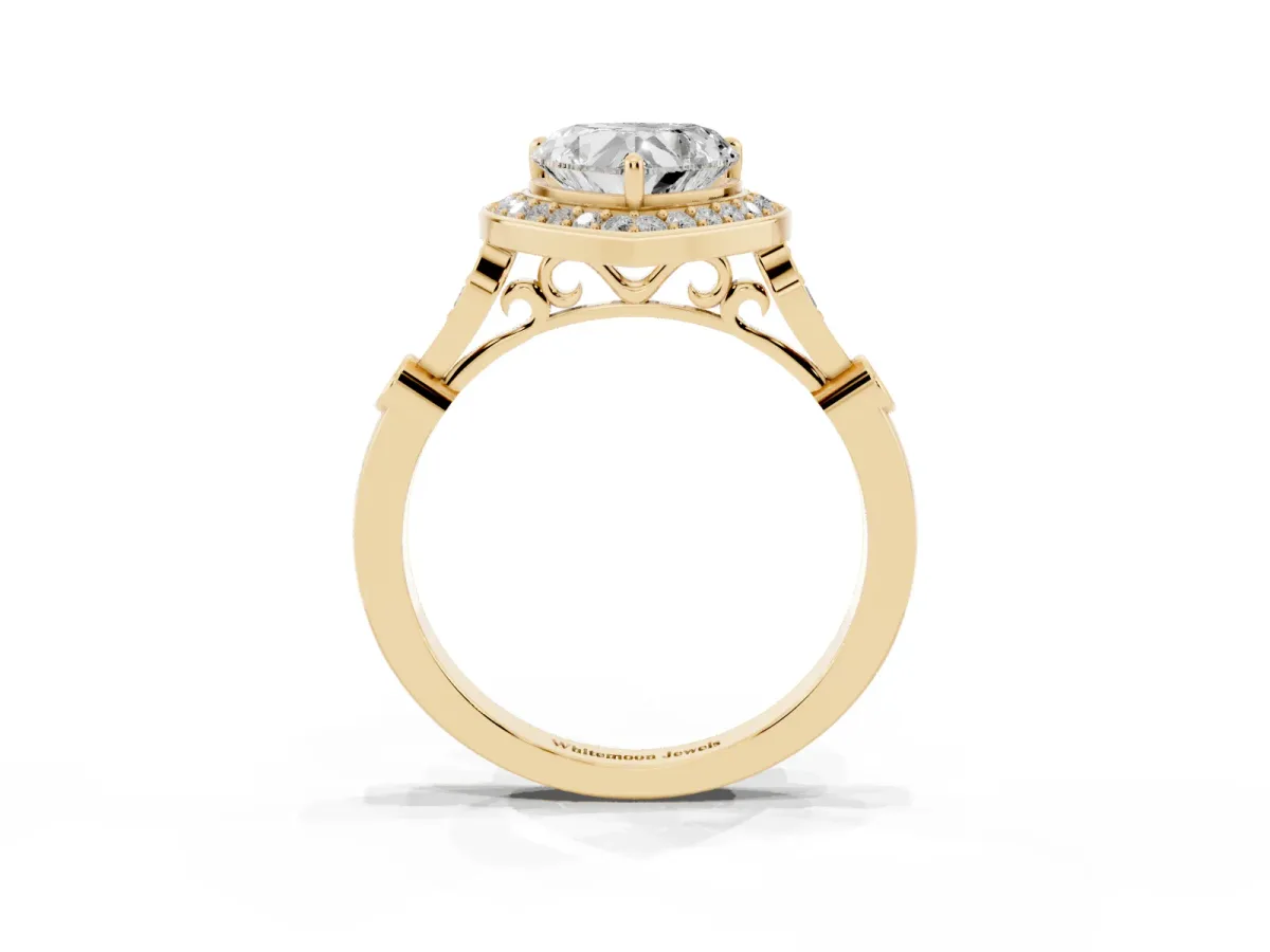 Heart Cut Halo Diamond Engagement Ring with Twisted Band and Four-Prong Setting Yellow gold