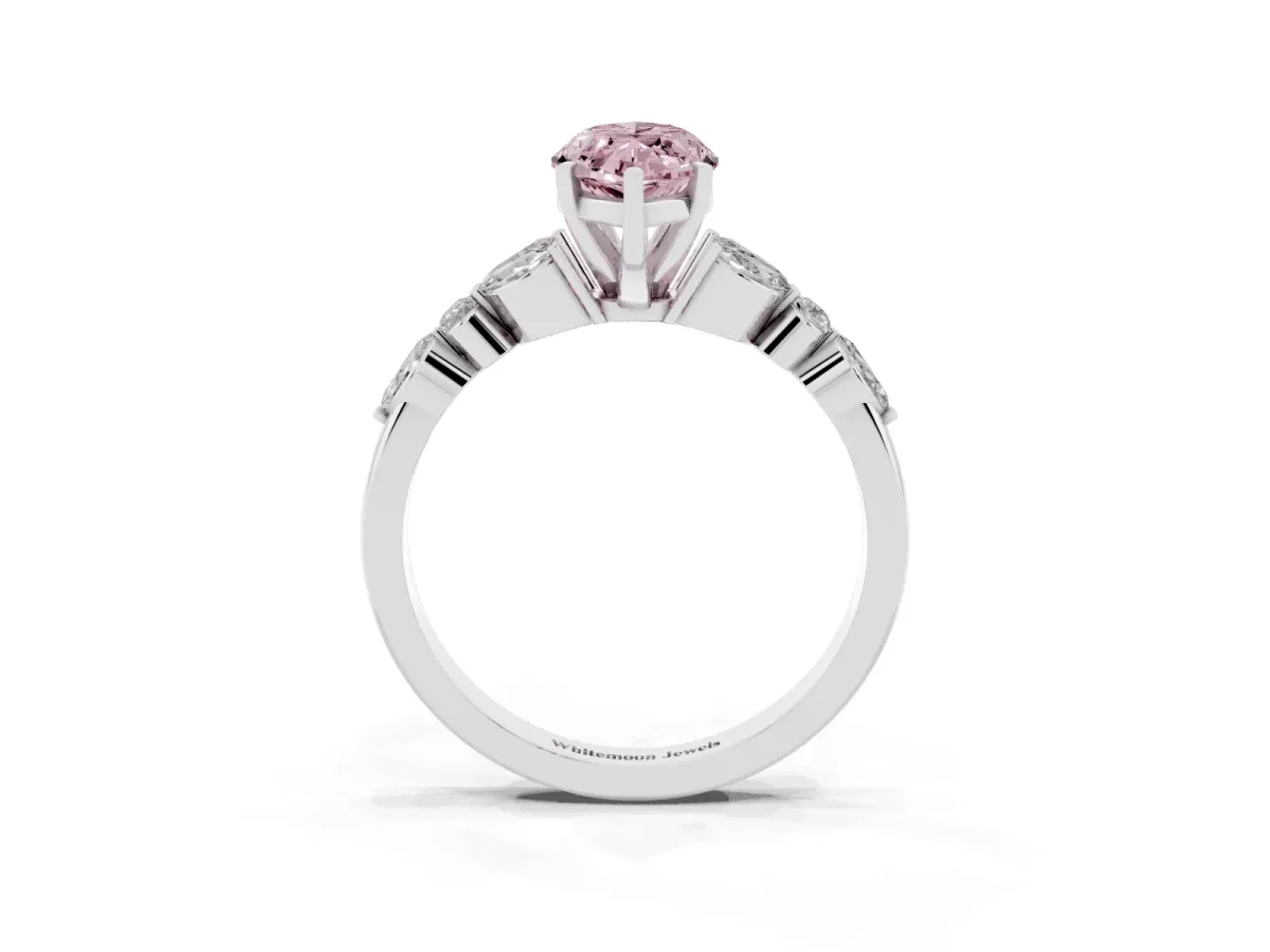 Fancy Pink Marquise Cut Diamond Solitaire Ring with Side Stones and Four-Prong Setting Silver