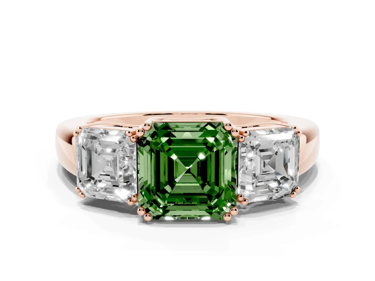 Fancy Green Three-Stone Asscher Cut Cut Diamond Ring with Channel Set Band and Four-Prong Setting Rose gold
