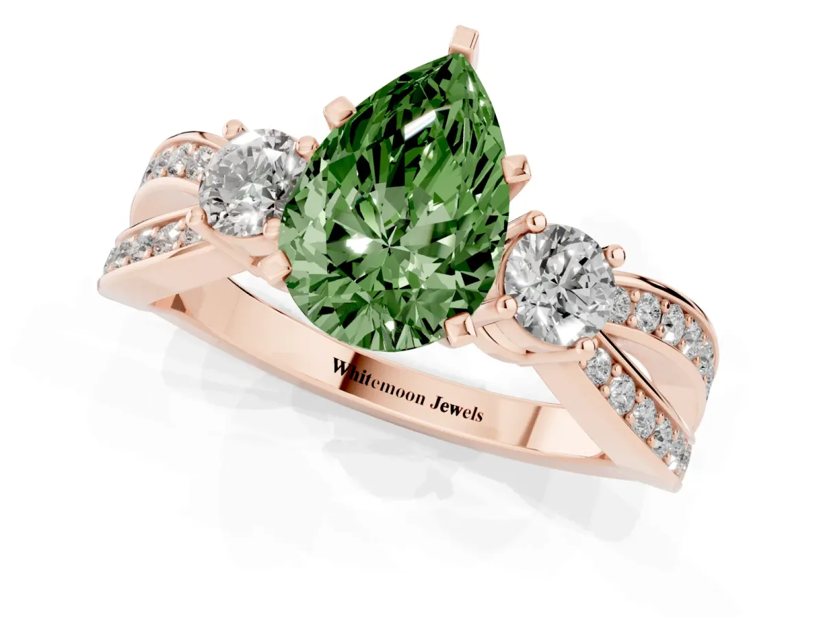 Fancy Green Three-Stone Pear Cut Cut Diamond Twist Band with Prong Setting Rose gold