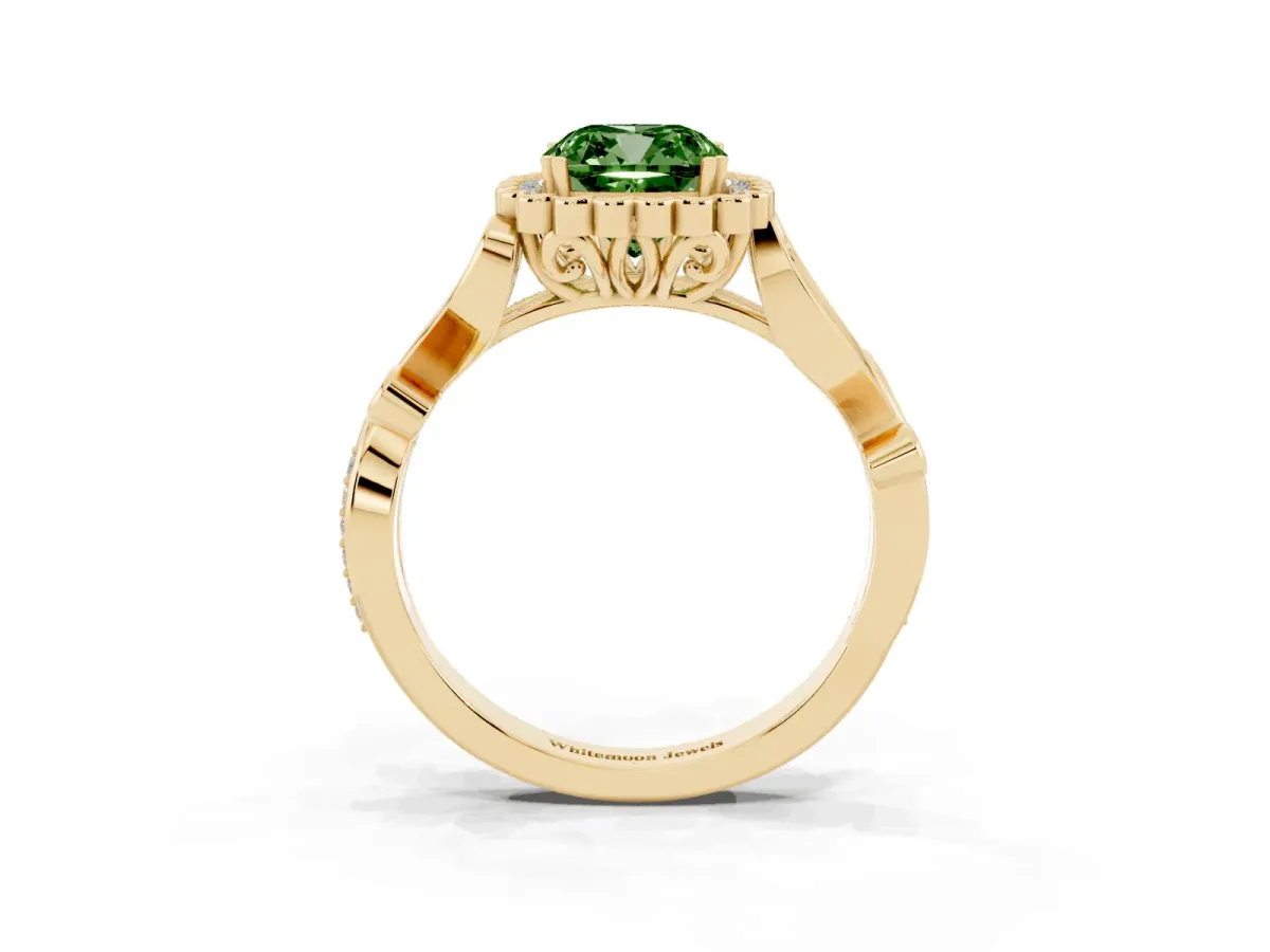 Fancy Green Cushion Cut Diamond Halo Ring with Vintage Split Shank and Four-Prong Setting Yellow gold