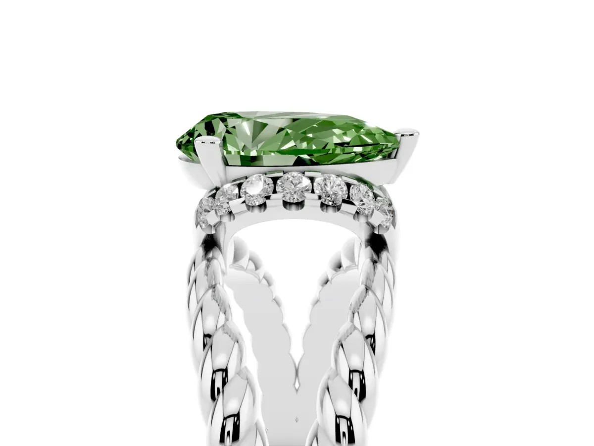 Fancy Green Pear Cut Halo Twisted Band Four-Prong Ring Silver