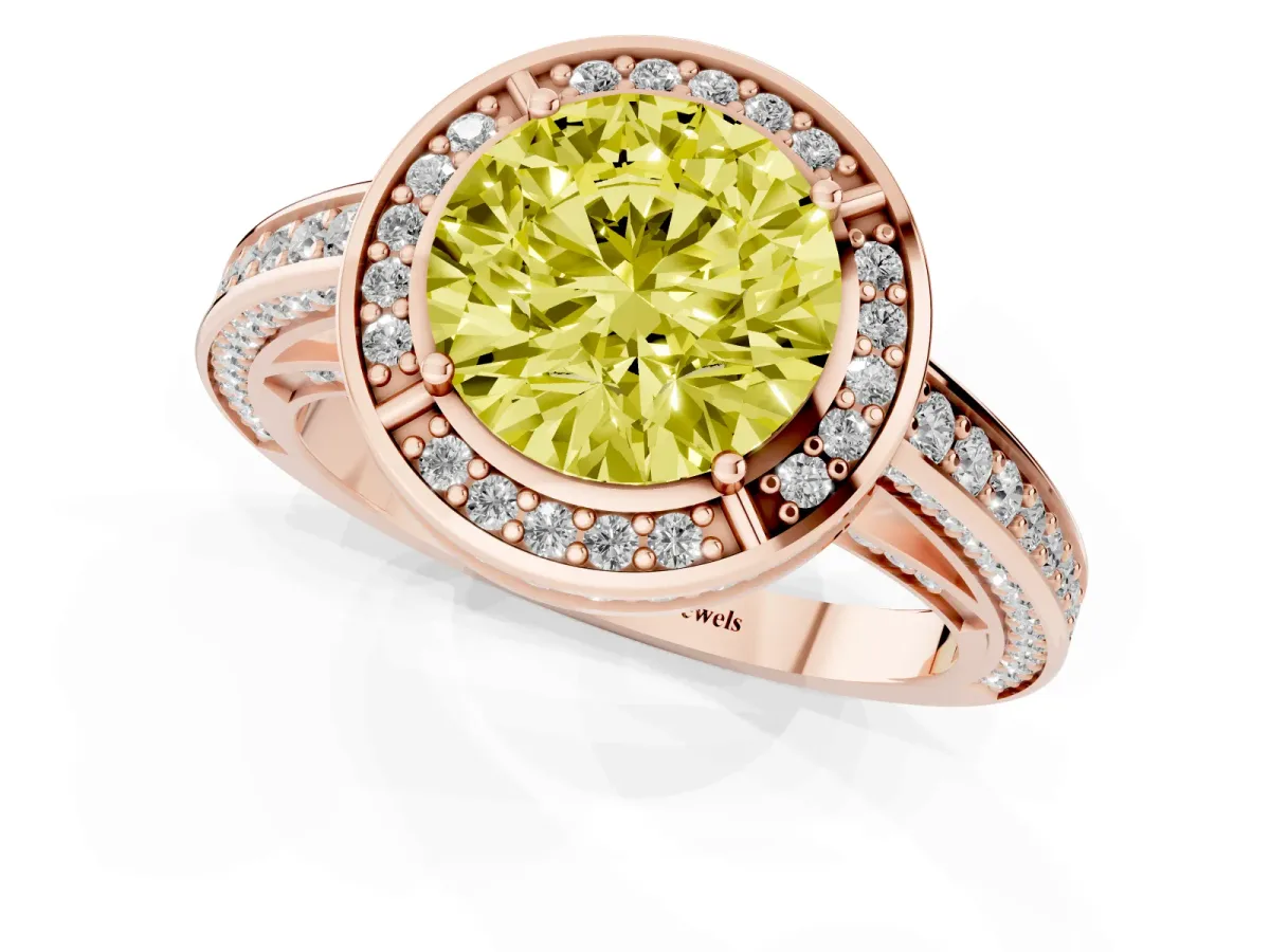Fancy Yellow Round Cut Cut Halo Pave Split Shank Prong Setting Ring Rose gold