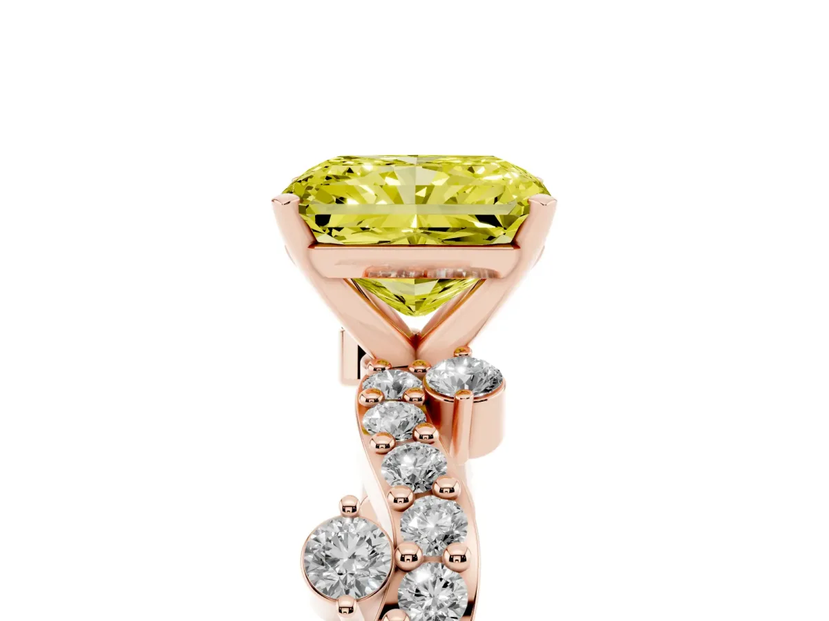 Fancy Yellow Radiant Cut Cut Solitaire Diamond Twisted Band with Pave Setting Rose gold