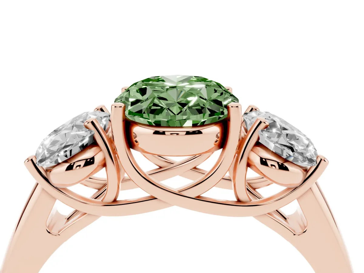 Fancy Green Three-Stone Oval Cut Diamond Engagement Ring with Prong Setting Rose gold