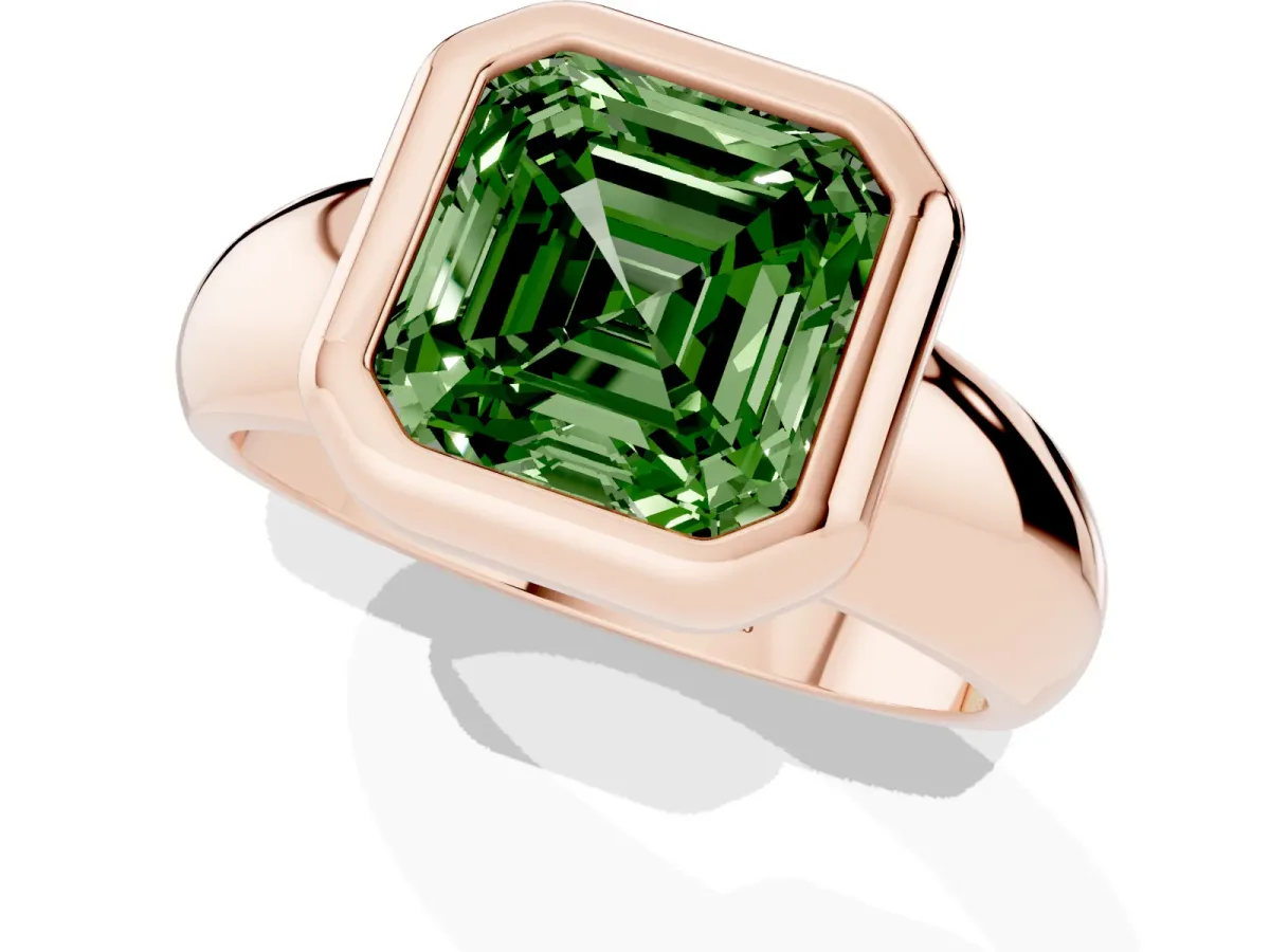 Fancy Green Bezel Set Asscher Cut Solitaire Ring with Wide Band Rose gold