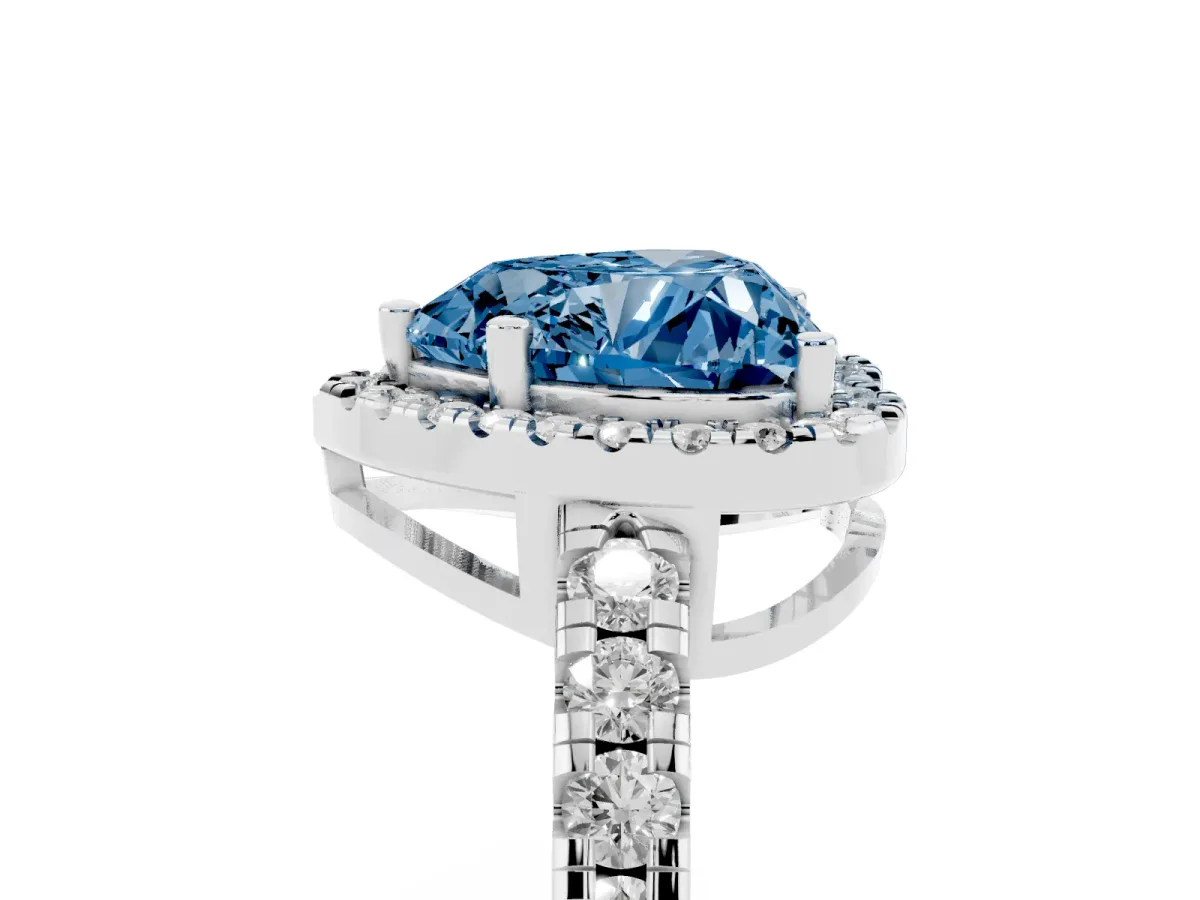 Fancy Blue Heart Cut Diamond Halo Ring with Pavé Band and Four-Prong Setting White gold