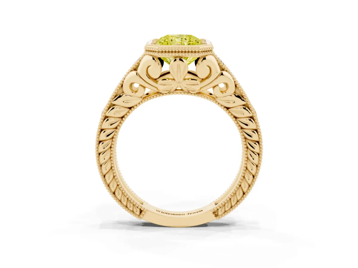Fancy Yellow Bezel Set Radiant Cut Diamond Milgrain Pave Engagement Ring Yellow gold
