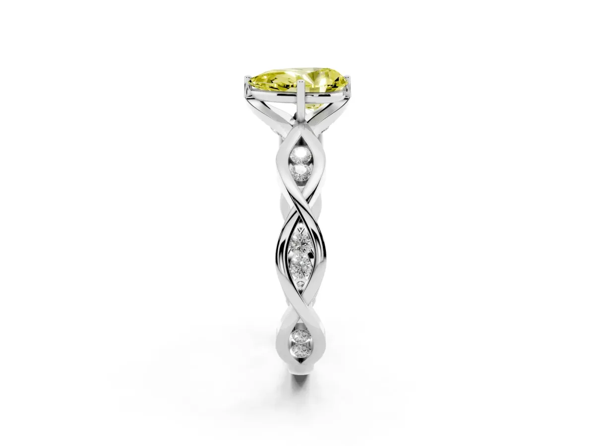 Fancy Yellow Pear Cut Solitaire Twist Band with Leaf Prong Setting White gold