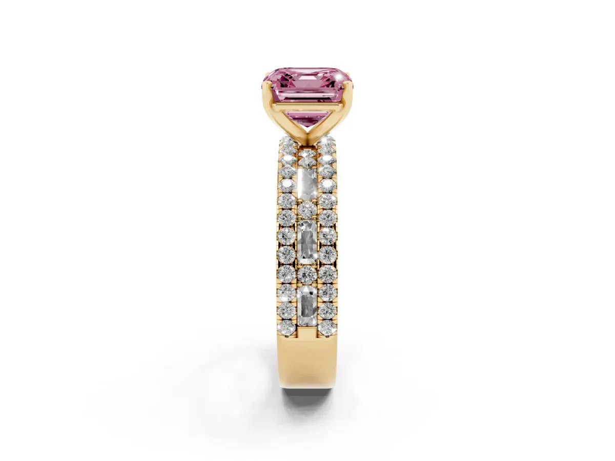 Fancy Pink Asscher Cut Diamond Solitaire Ring with Pavé and Channel Set Band Yellow gold