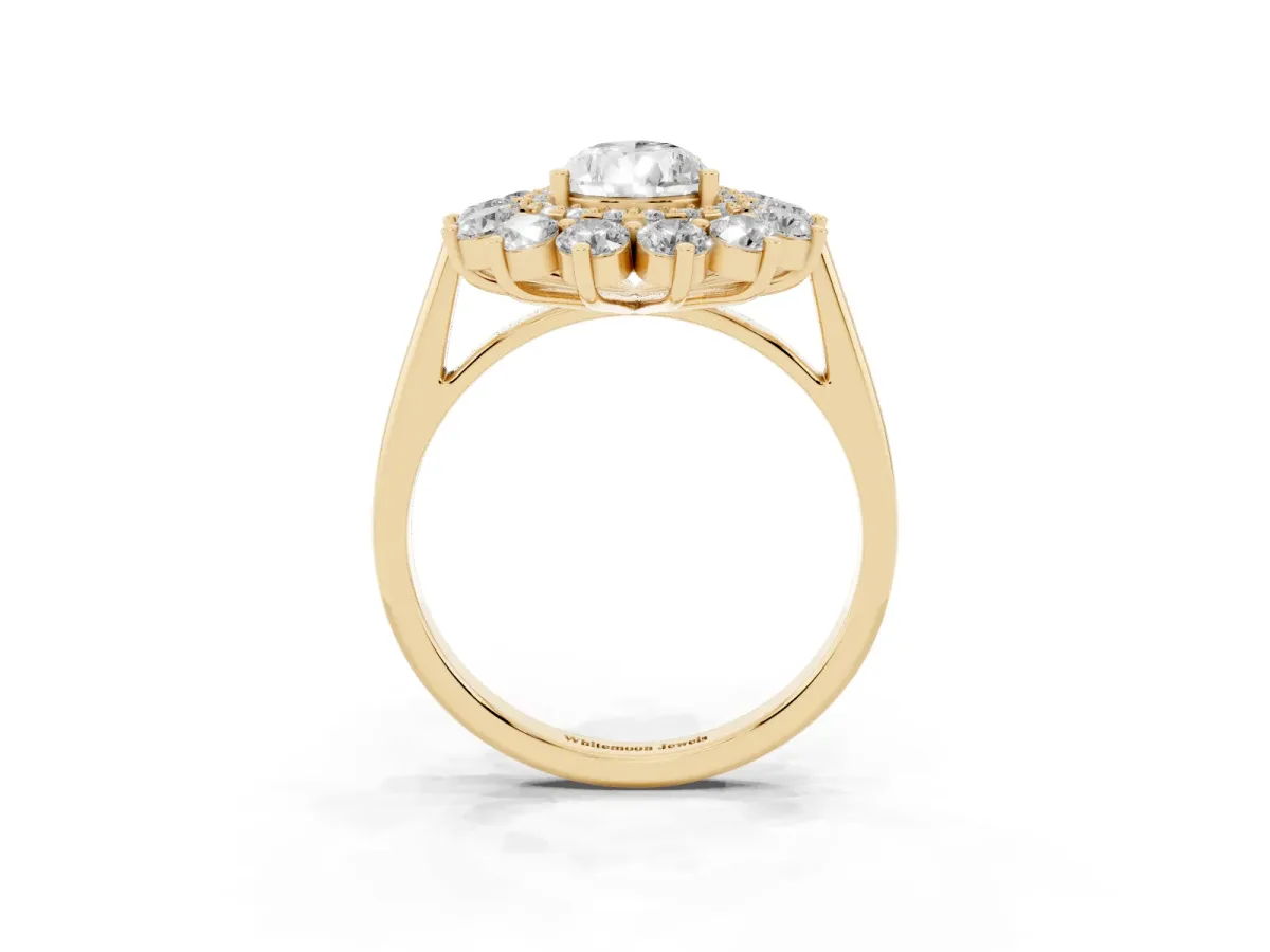 Pear Cut Diamond Floral Double Halo Engagement Ring with Prong Setting Yellow gold