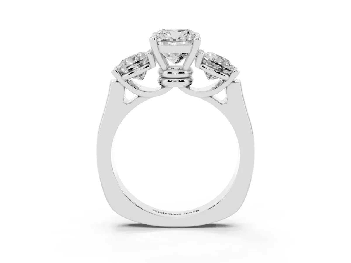 Three-Stone Cushion Cut Brilliant Diamond Trellis Ring with Comfort Fit Band Platinum