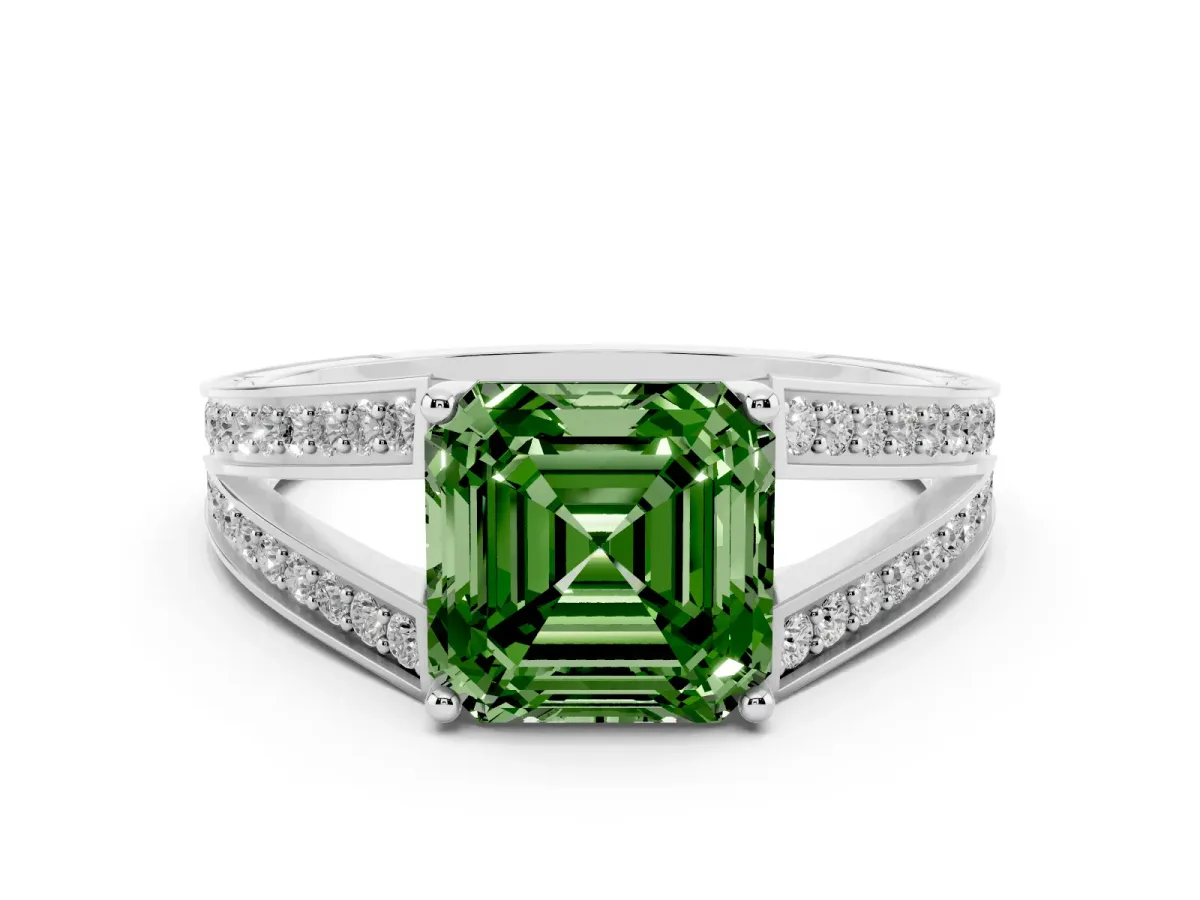 Fancy Green Asscher Cut Diamond Split Shank Ring with Pavé Band and Four-Prong Setting Silver