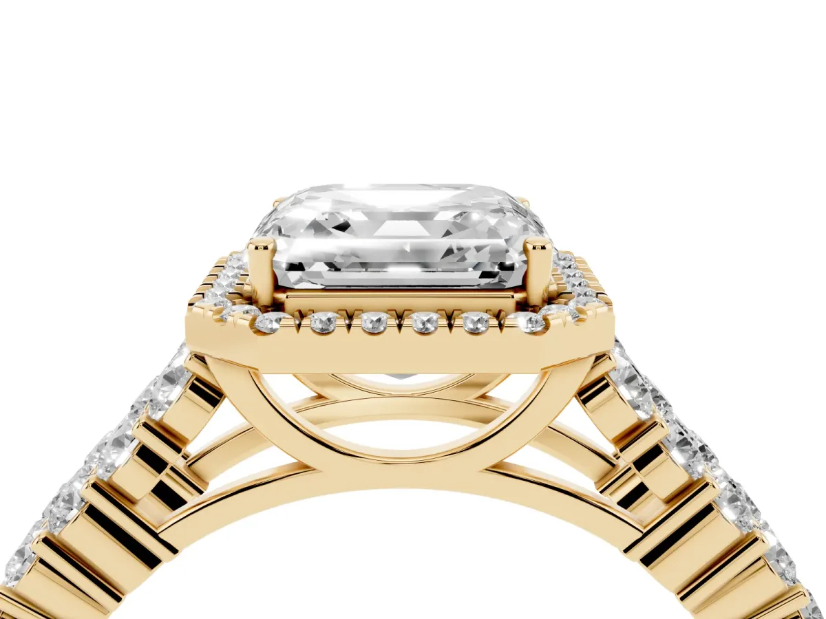 Asscher Cut Diamond Halo Engagement Ring with Triple Row Round Pavé Band and Prong Setting Yellow gold