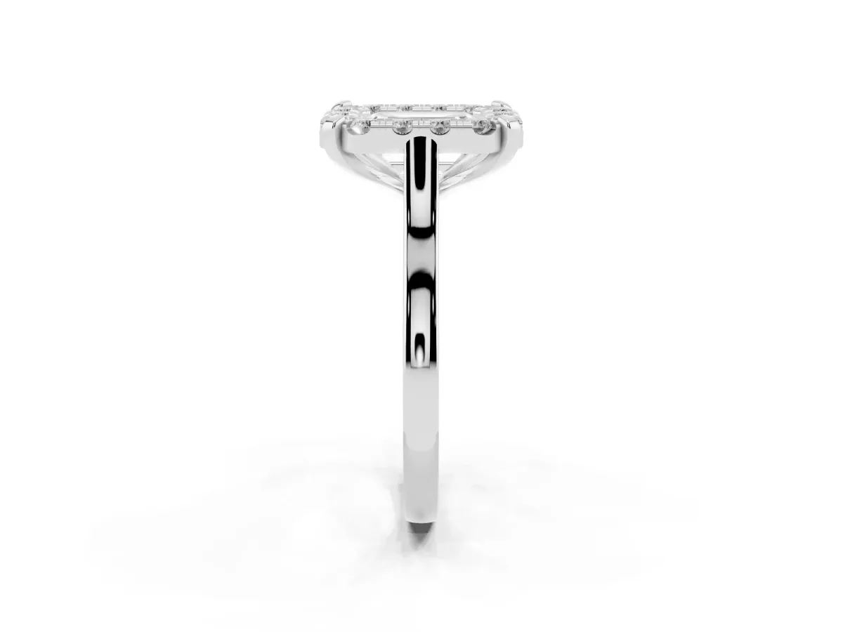 Emerald Cut Diamond Cluster Halo Solitaire with Four-Prong Setting Silver