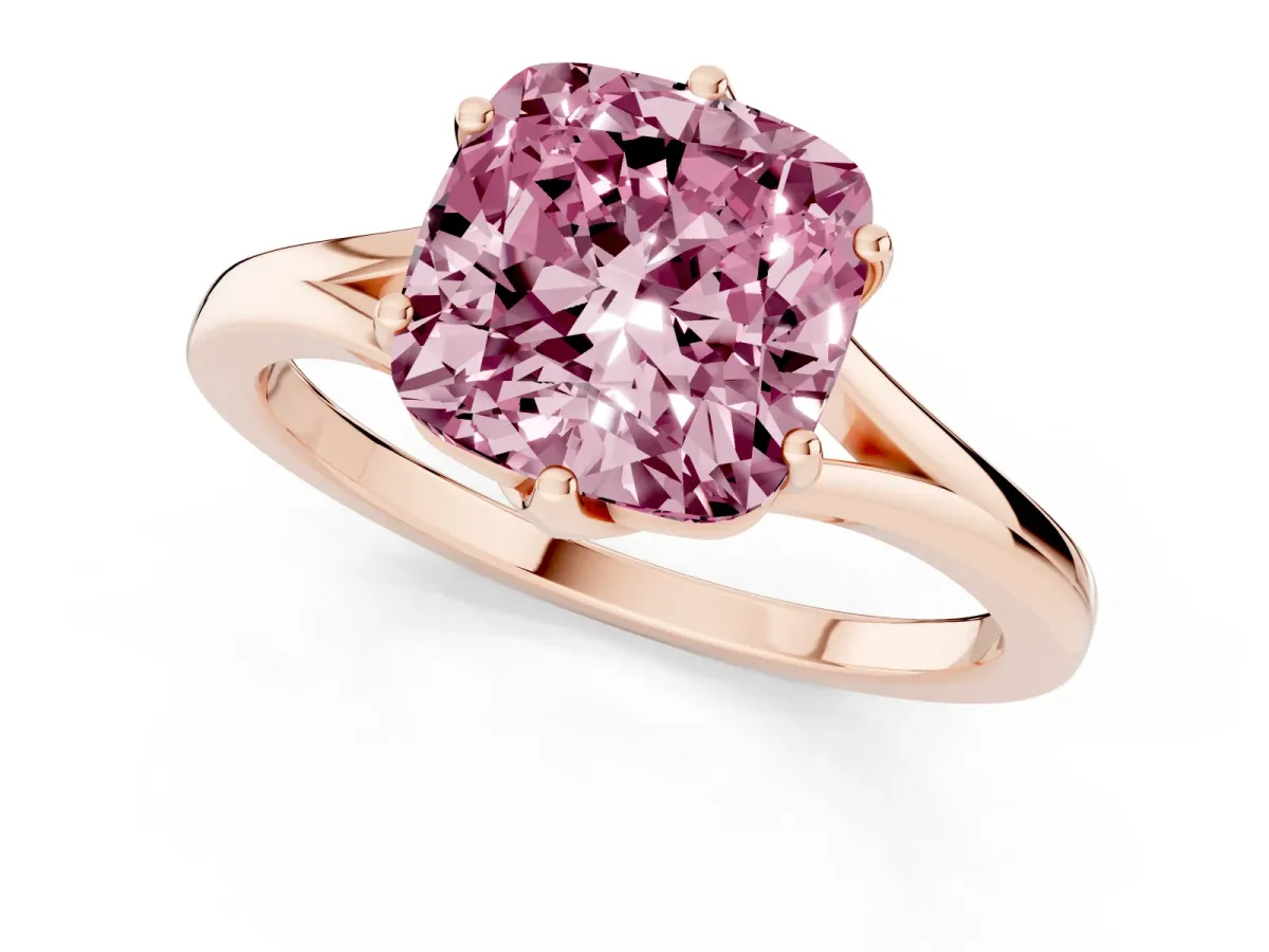 Fancy Pink Cushion Cut Solitaire Diamond Ring with Six-Prong Setting and Tapered Band Rose gold
