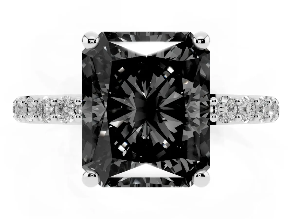 Fancy Black Radiant Cut Diamond Solitaire Ring with Round Pavé Band and Prong Setting Silver