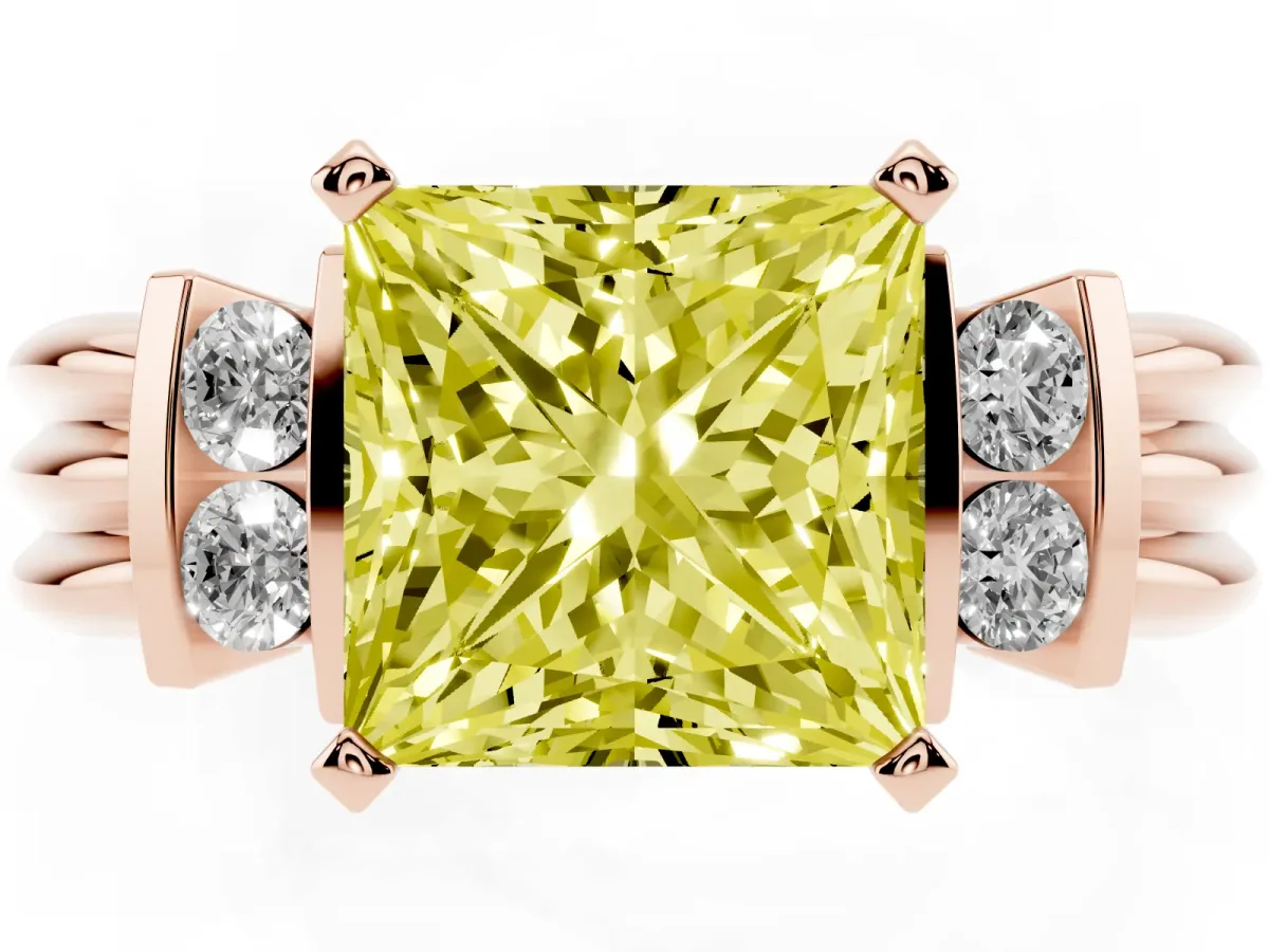 Fancy Yellow Princess Cut Cut Three-Stone Channel Set Ring with Bar Prongs Rose gold