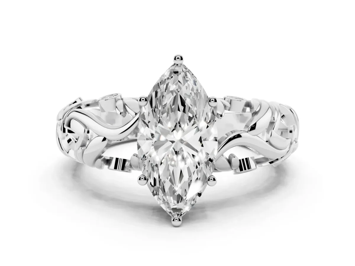 Marquise Cut Solitaire Diamond Leaf-Inspired Vine Band Ring with Prong Setting Silver