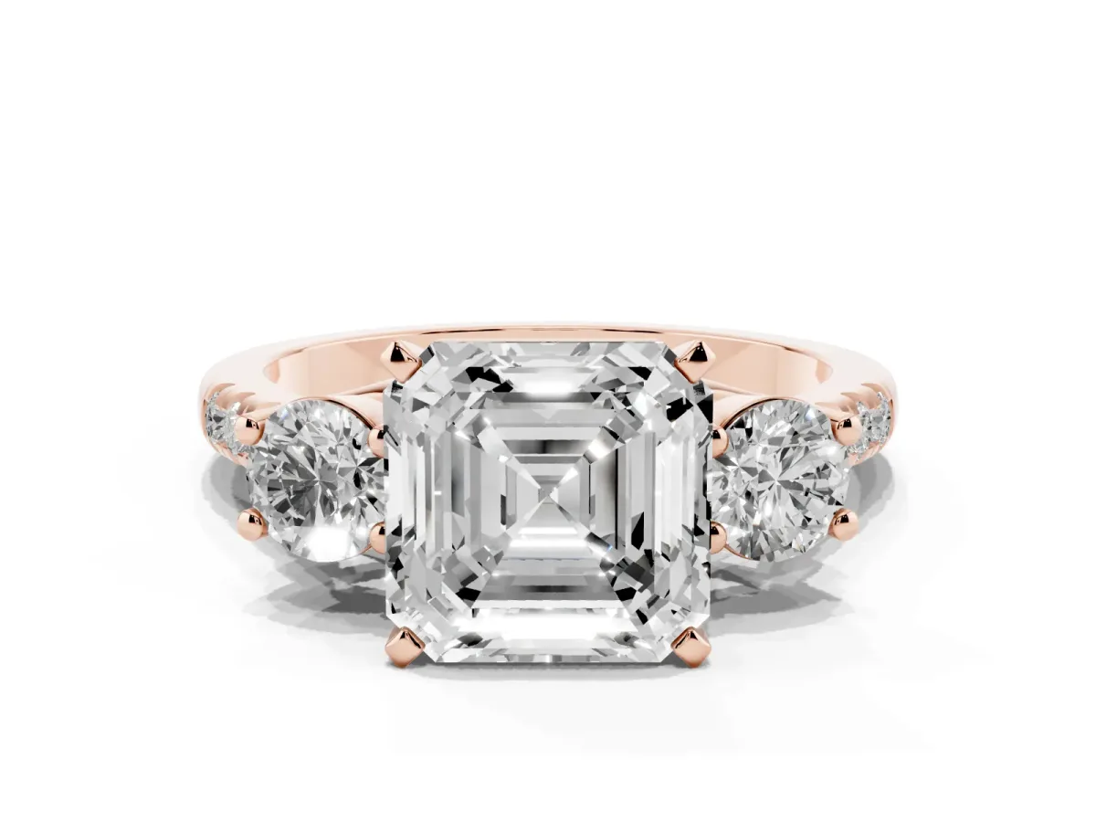 Three-Stone Asscher Cut Diamond Pavé Band with Four-Prong Setting Rose gold