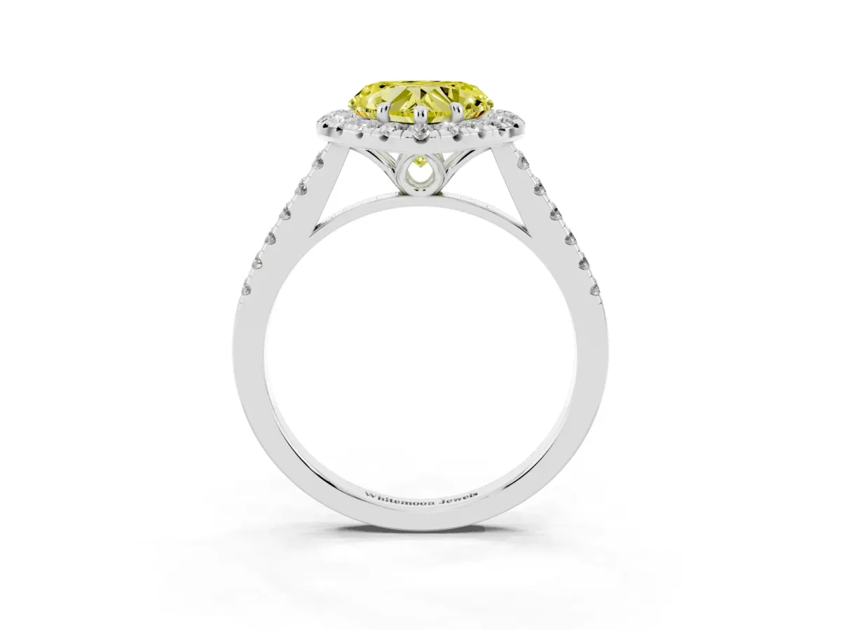 Fancy Yellow Heart Cut Halo Pavé Diamond Engagement Ring with Four-Prong Setting Platinum