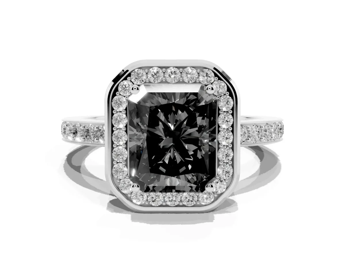 Fancy Black Radiant Cut Diamond Halo Ring with Bezel Frame and Pavé Band Silver