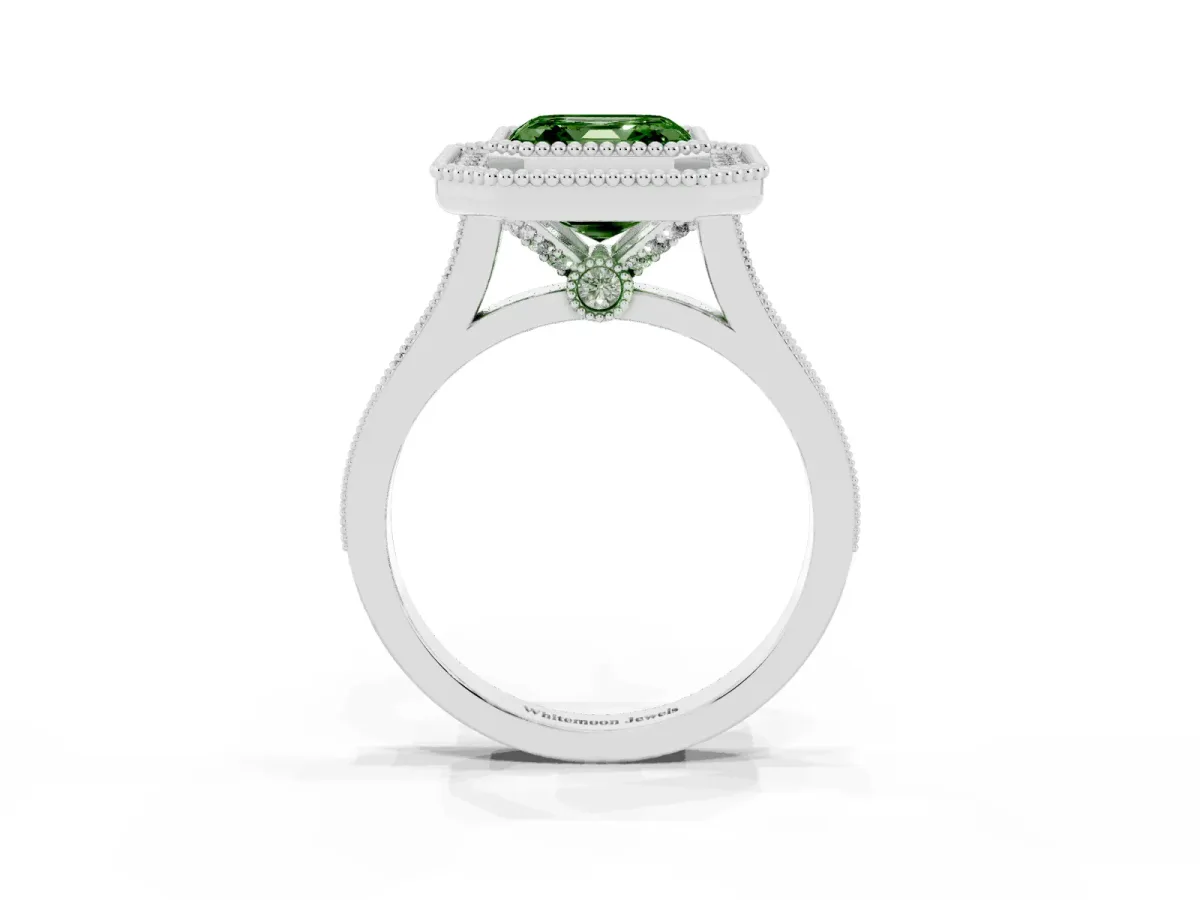 Fancy Green Asscher Cut Diamond Halo Ring with Milgrain Frame and Pavé Band White gold