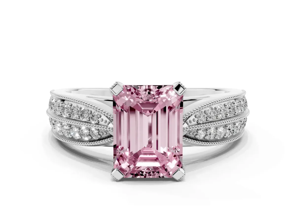 Fancy Pink Emerald Cut Diamond Solitaire Ring with Milgrain Round Pavé Band and Prong Setting Silver