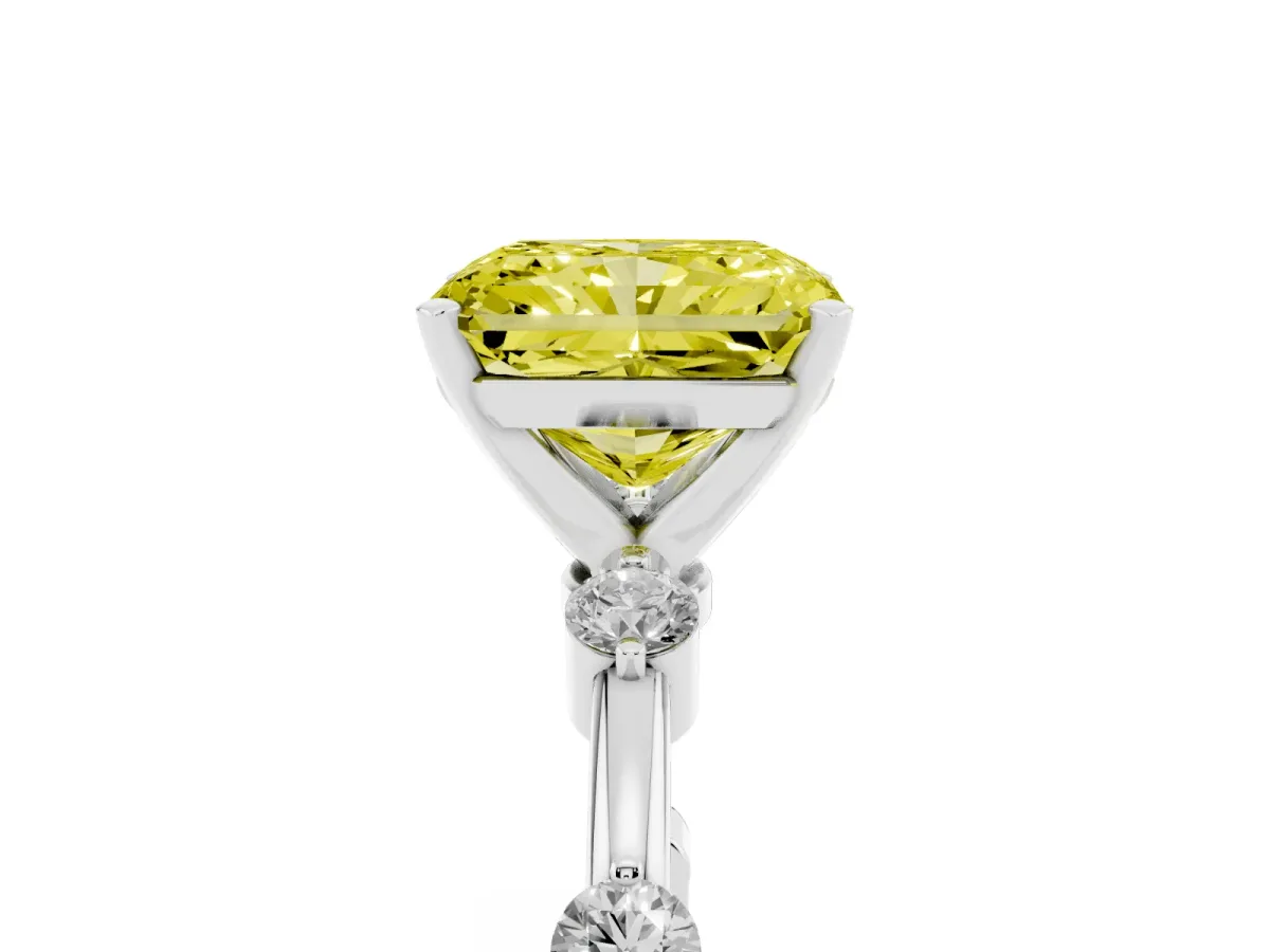 Fancy Yellow Radiant Cut Solitaire Diamond Ring with Bezel Set Side Stones and Prong Setting Silver