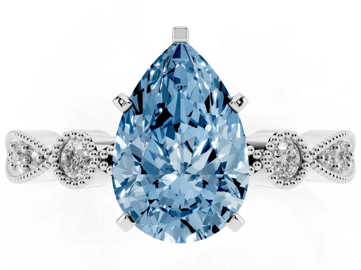 Fancy Blue Pear Cut Milgrain Bezel Diamond Engagement Ring with Solitaire Prong Setting Platinum