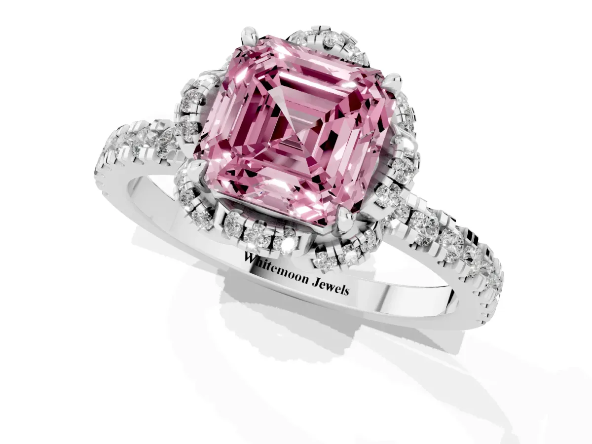 Fancy Pink Asscher Cut Halo Diamond Pave Band Ring with Four-Prong Setting Silver