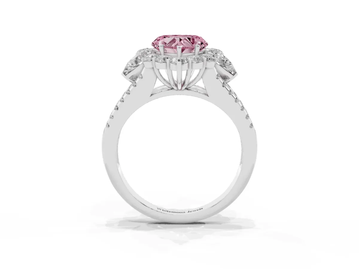 Fancy Pink Heart Cut Halo Split Shank Diamond Engagement Ring with Prong Setting Silver
