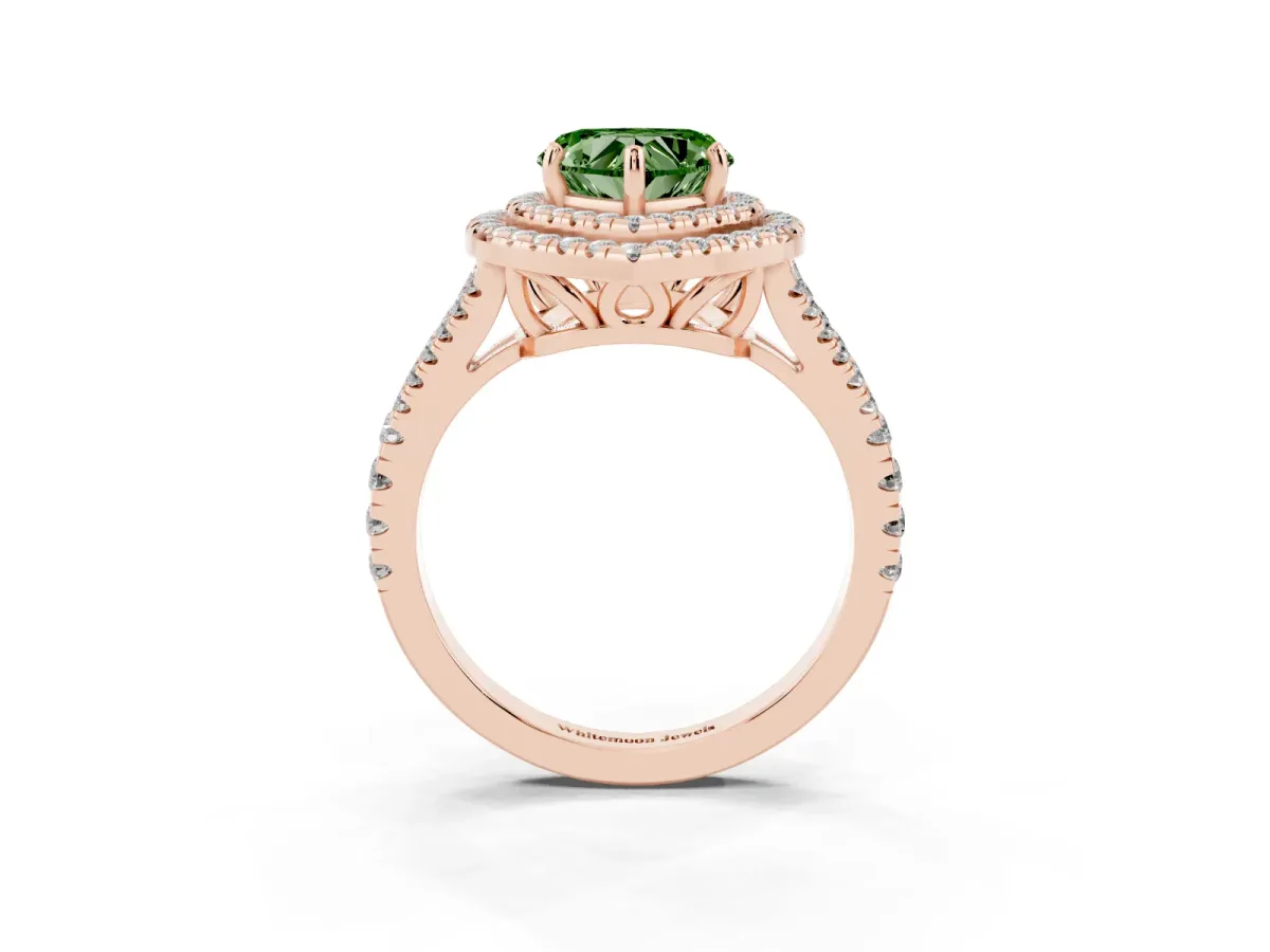Fancy Green Heart Cut Diamond Double Halo Ring with Pavé Band and Prong Setting Rose gold