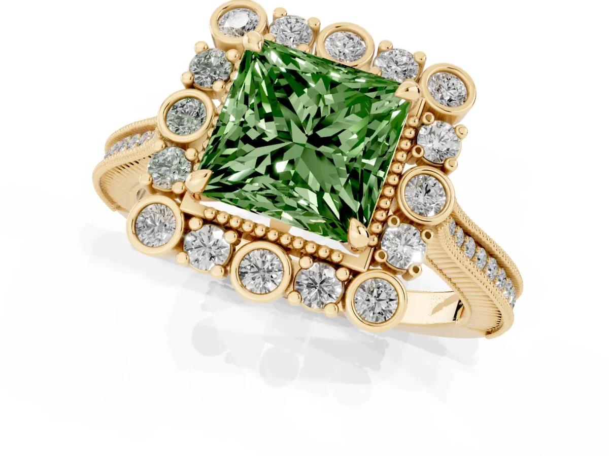 Fancy Green Princess Cut Halo Milgrain Pave Diamond Ring with Four-Prong Setting Yellow gold