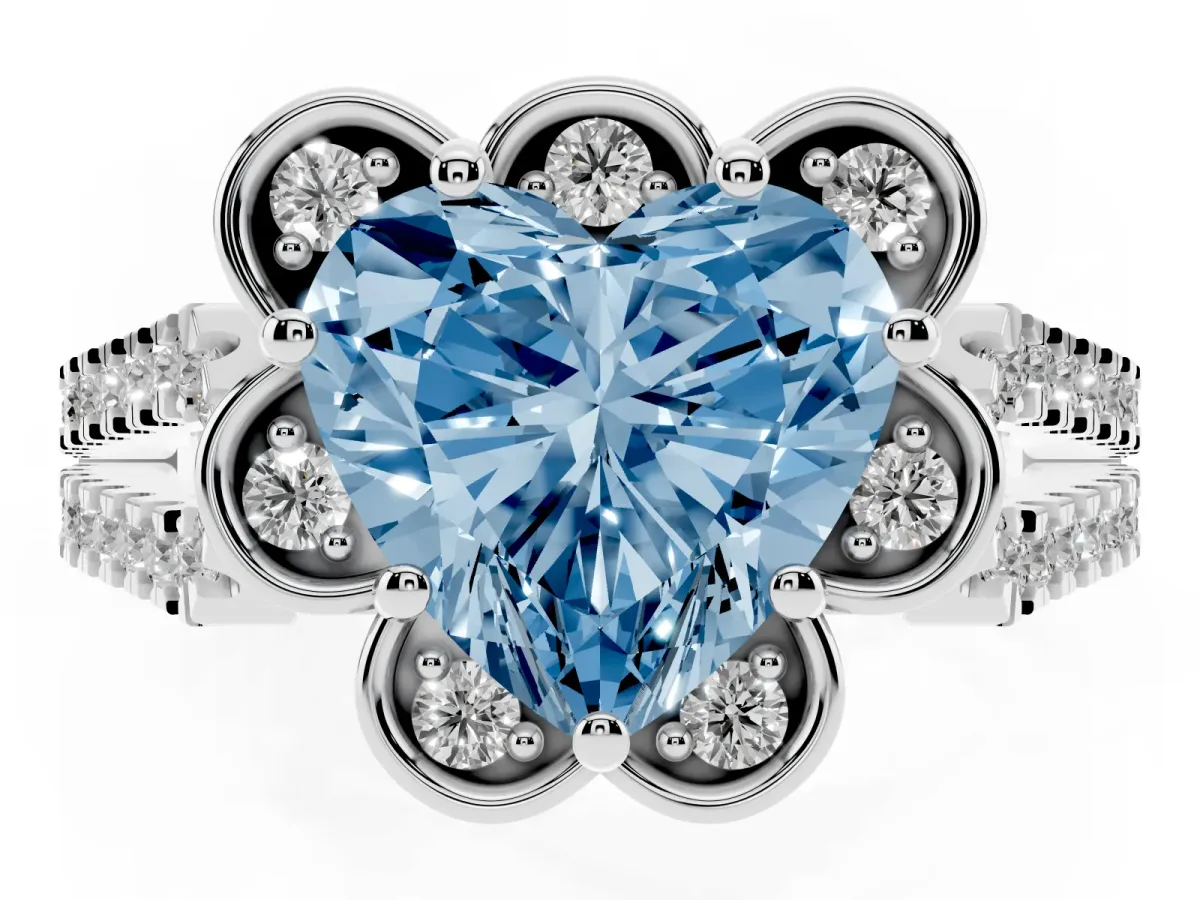 Fancy Blue Heart Cut Halo Diamond Floral Split Shank Engagement Ring Silver