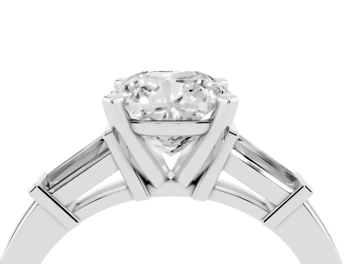 Cushion Cut Cut Diamond Solitaire Ring with Tapered Baguette Accents and Four-Prong Setting White gold