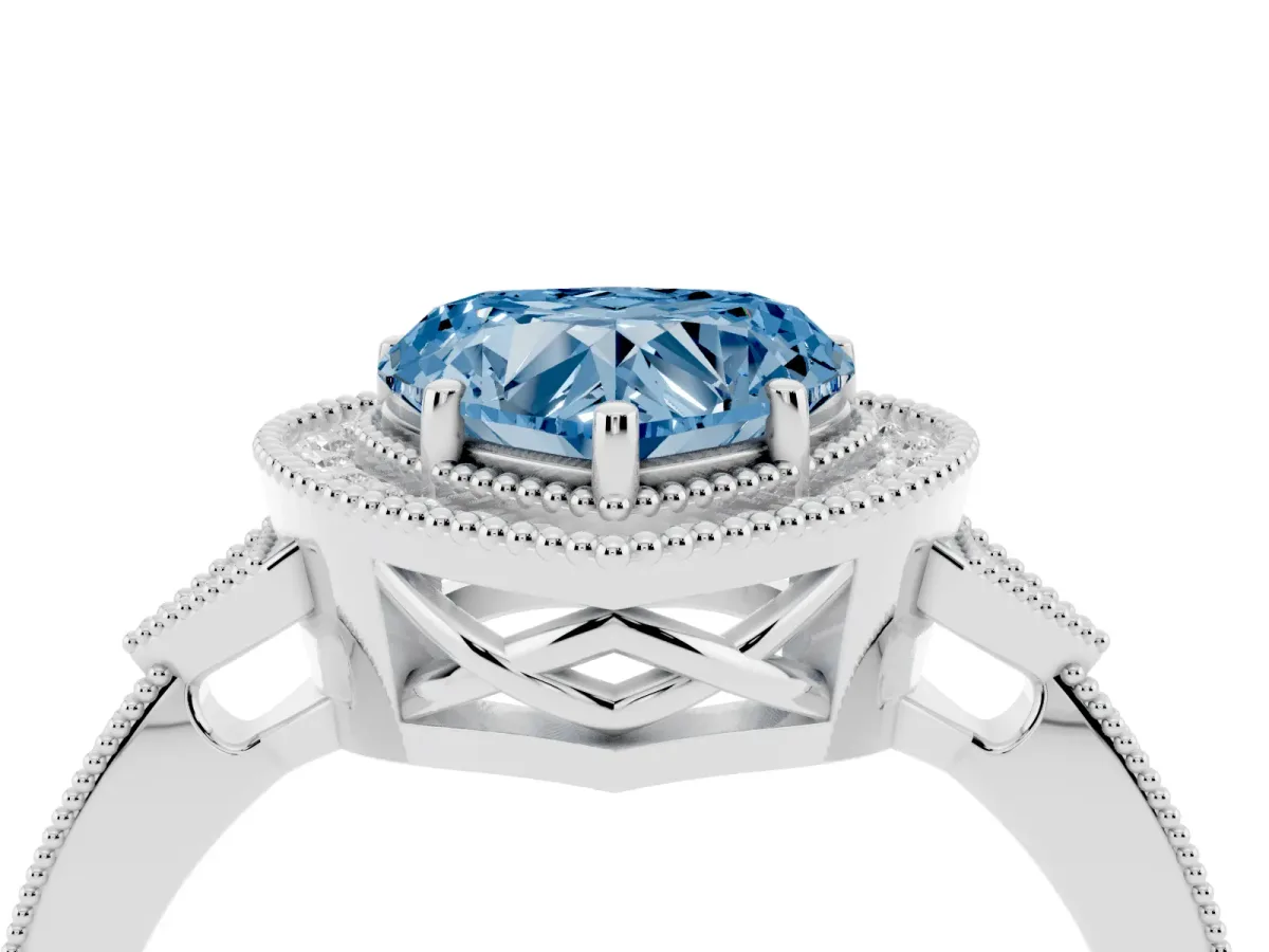 Fancy Blue Heart Cut Halo Round Diamond Milgrain Pave Engagement Ring White gold