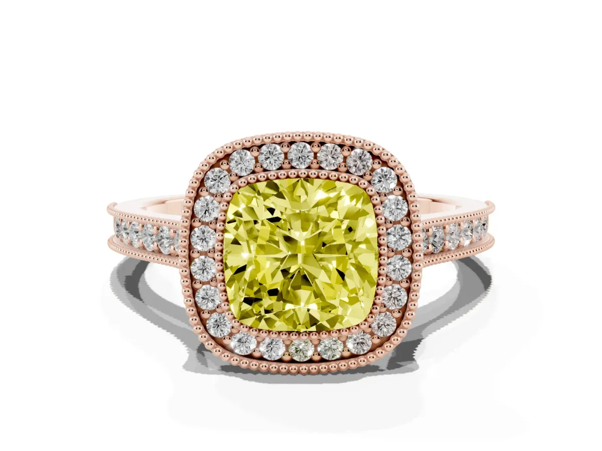 Fancy Yellow Halo Cushion Cut-Cut Diamond Pave Band Milgrain Prong Setting Ring Rose gold