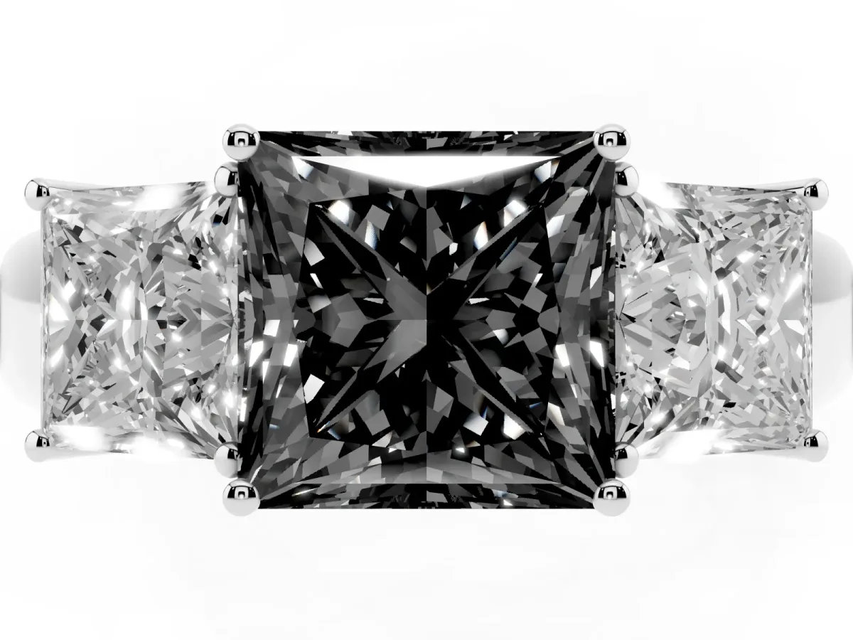 Fancy Black Three-Stone Princess Cut Cut Diamond Ring with Prong Setting and Classic Band Silver