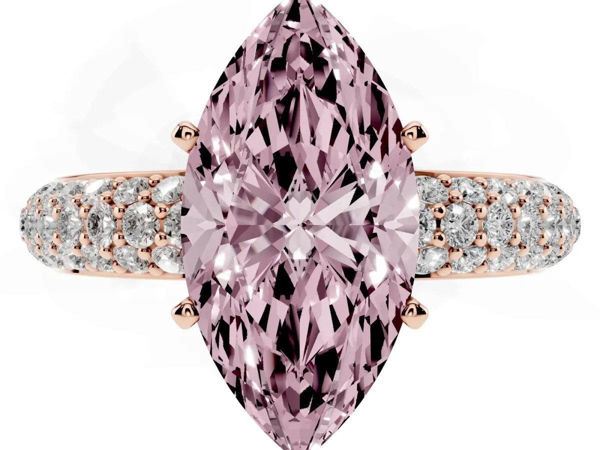 Fancy Pink Marquise Cut Diamond Solitaire Ring with Prong Setting and Pavé Band Rose gold