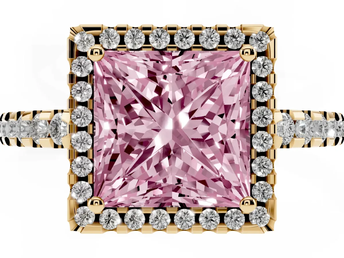 Fancy Pink Princess Cut Diamond Halo Engagement Ring with Pavé Band and Prong Setting Yellow gold